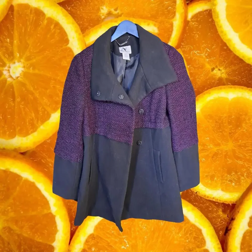 Worthington Wool Blend‎ Purple and Black Snap Up Cowl Neck Coat Size Medium